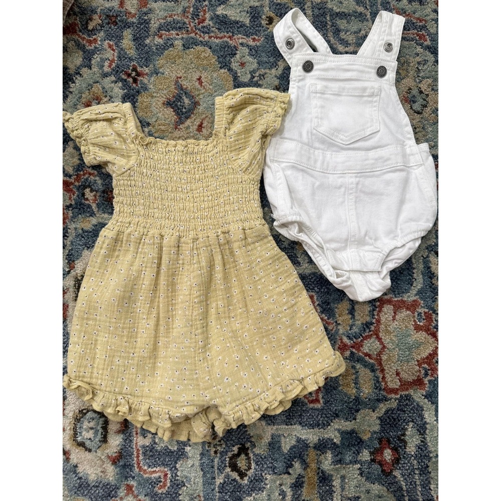 Baby Girl Romper Bundle Size 9-12m Yellow Floral White Denim Overalls EUC